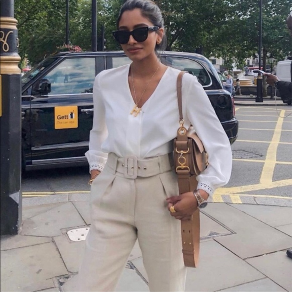 ZARA Beige Belted High Waist Tapered Trouser Pants - Picture 4 of 9